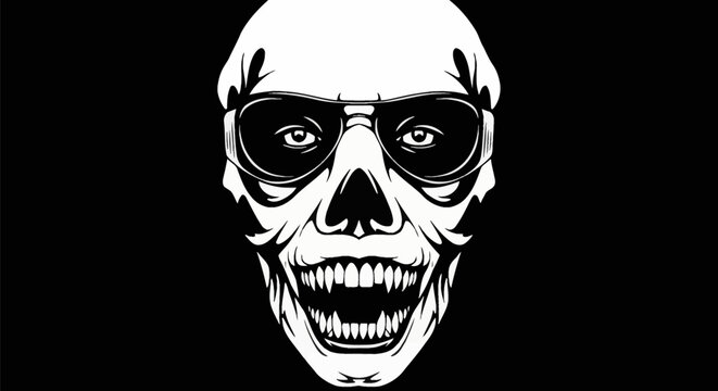 High contrast black and white vector illustration of a human skull wearing sunglasses with visible eyes and an open mouth featuring sharp pointed teeth on a black background.