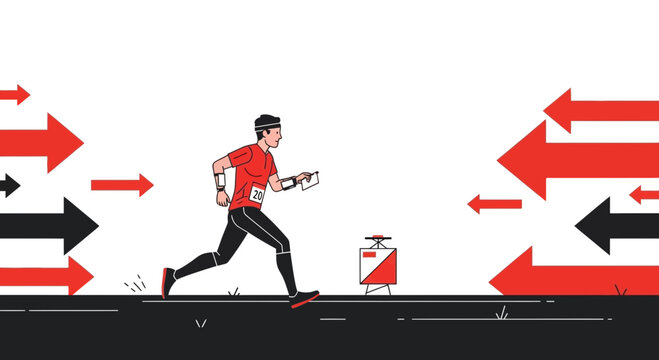 Orienteering Athlete Navigating Complex Course With Arrows And Control Point Representation