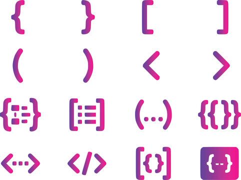 Coding bracket icons set with purple and pink gradient symbols