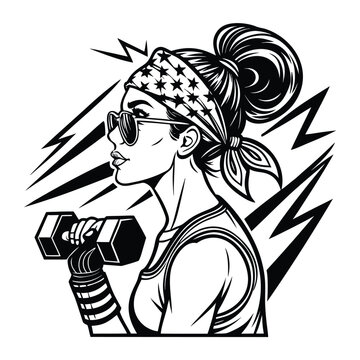 Woman wearing sunglasses and headband holding dumbbell fitness workout exercise