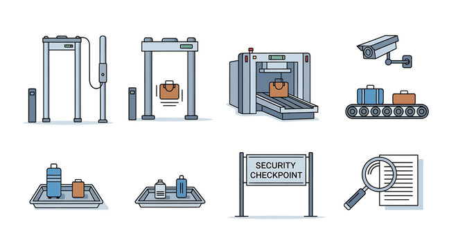 Set of airport security checkpoint and screening equipment icons.