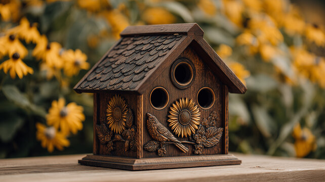 A eye level view of a single ornate wooden birdhouse, featuring a dark stain and a shingled roof. Ai generated