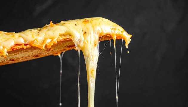 A slice of delicious pizza with melted cheese stretching in a gooey string against a dark background