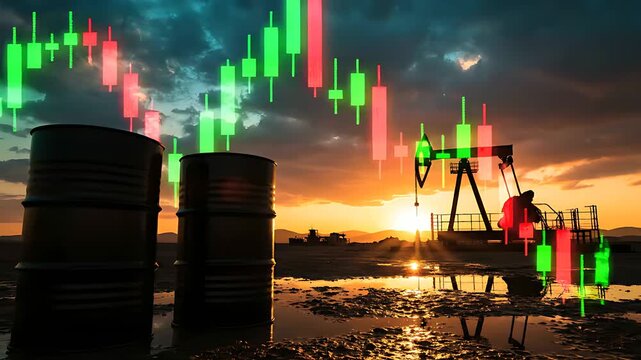 Oil barrels and pump jack silhouette at sunset with financial candlestick chart overlay. Crude oil production site showing energy market volatility. Petroleum industry economy and trading concept.