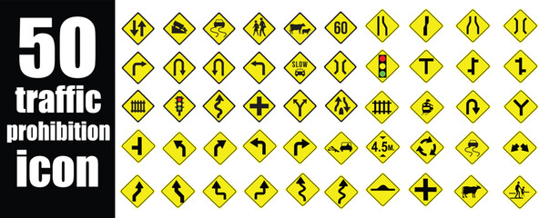 Set of 50 black traffic prohibition and warning icons with road safety, direction and regulatory symbols isolated vector illustration © Salman