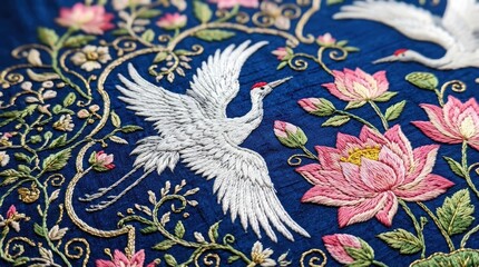 Detailed Crane and Lotus Embroidery Art on Blue Silk Fabric for Textile Design and Luxury Branding Projects © Abbas Ali