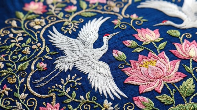 Detailed Crane and Lotus Embroidery Art on Blue Silk Fabric for Textile Design and Luxury Branding Projects