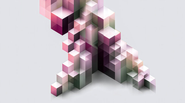 Abstract cube sculpture in soft pink and purple tones. Geometric shapes form a stylized, flowing design. Modern art evokes calm, creativity, or digital transformation. Suitable for tech, design