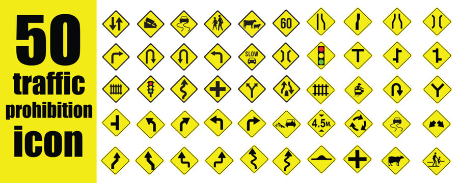 Set of 50 yellow traffic prohibition and warning icons with road safety, direction and regulatory symbols isolated vector illustration