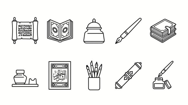 Ten lineart icons depicting Islamic calligraphy tools books and scrolls arranged in two rows of five