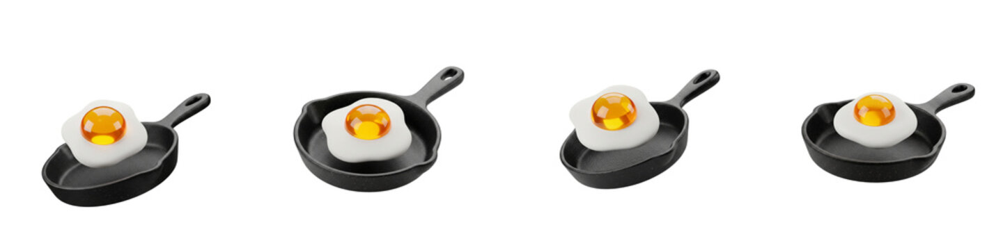 Fried eggs hovering above cast iron skillets isolated on black background