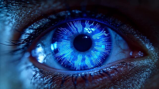Human eye close-up with digital blue circuit pattern glowing on iris