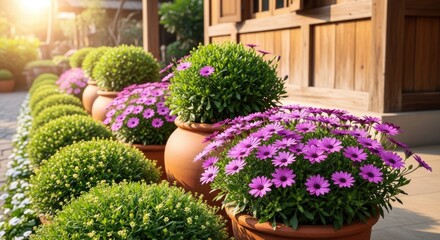 Fototapeta premium row of potted purple flowers and green plants outside wooden building