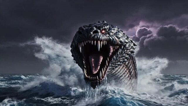 A colossal aquatic beast, a legendary sea serpent with glowing red eyes and gaping maw, breaches the churning waves of a stormy, dark ocean, creating a scene of immense power and dramatic fantasy