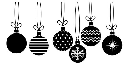 Elegant Hanging Christmas Bauble Silhouette Set with Various Patterns Including Snowflakes, Stripes, Polka Dots, and Zigzags for Holiday Greetings and Winter Celebration Graphic Designs © MSTROTNA
