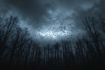 Flock of Birds Flying Across a Stormy Sky Above a Dark Mysterious Forest Landscape.