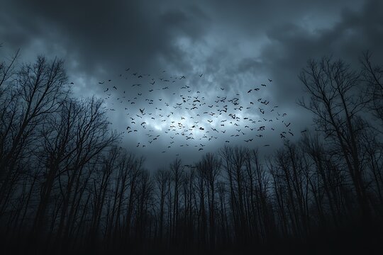 Flock of Birds Flying Across a Stormy Sky Above a Dark Mysterious Forest Landscape.