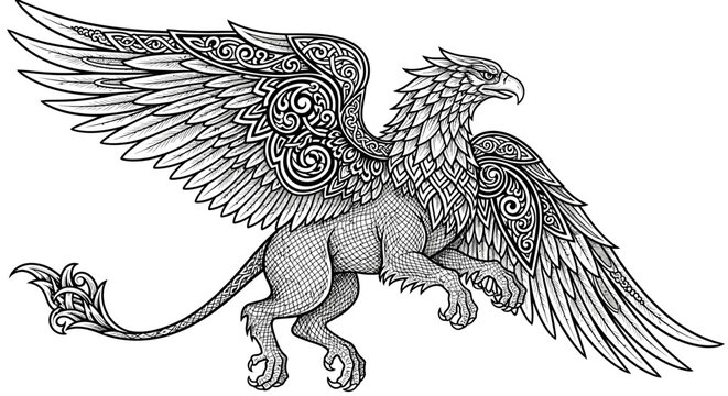 Detailed griffin mythical beast with intricate wing patterns