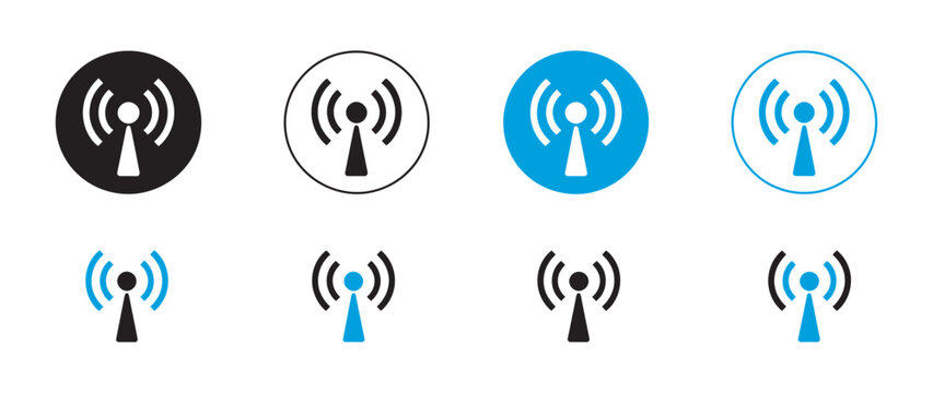 Wireless signal icon set vector, wireless antenna and WiFi signal icons, internet connection symbol collection, digital communication network design set