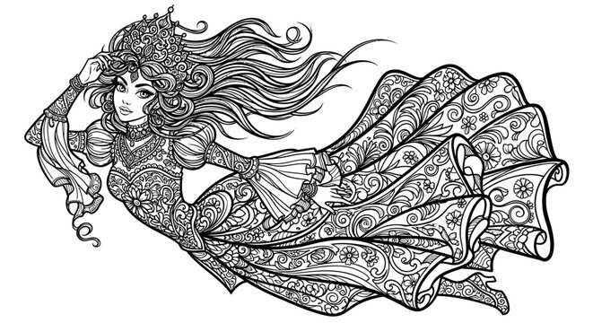 Beautiful princess wearing highly detailed patterned flowing dress.