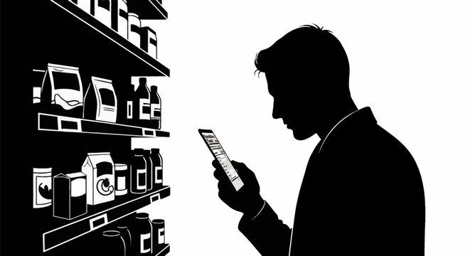 Black and white silhouette of a man in a supermarket aisle using a smartphone to scan a food nutrition facts label while standing near shelves with packaged products and bottles.