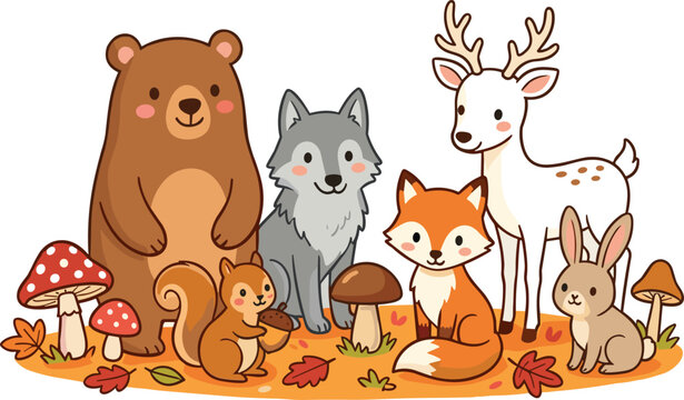 Cute Forest Animals Collection with Bear Fox Deer Wolf Rabbit and Squirrel Vector Illustration Set