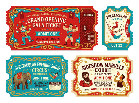 Vintage Circus Ticket Invitations for Grand Opening Gala, Spectacular Evening Show, and Sideshow Marvels Exhibit