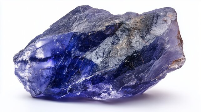 Raw iolite crystal, violet-blue mineral, uneven rough crystal, isolated on white background