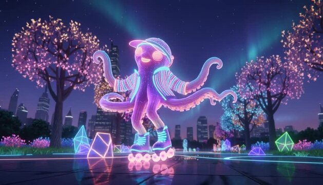 Neon octopus rollerblading through a vibrant park at night with flair