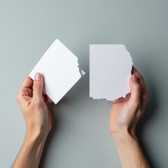 Obraz premium Hands hold two torn blank white paper pieces. One hand holds a square piece, other holds a ripped rectangle. They are separated on neutral background. Mockup for notes.