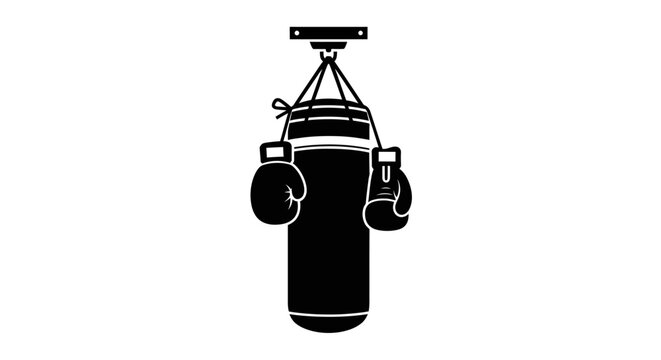 Boxing gloves hang from a heavy bag to indicate the completion of a rigorous sparring session in a professional combat sports gym.