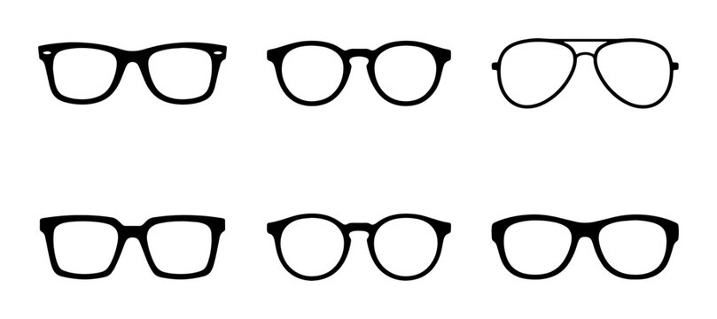 Collection of six black silhouette eyeglasses, diverse styles: round, square, aviator, modern, classic, vintage eyewear icons