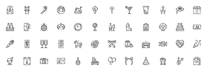 Birthday icon set. Minimalist vector icons pack. Includes Birthday invitation, magic hat, party blower, cake, gift box, confetti, balloons, and more. Editable vector stroke. © wang