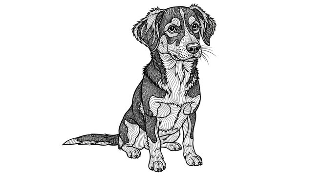 Detailed black and white line art illustration of sitting dog
