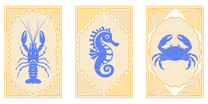 Vintage Marine Life Vector Illustrations Lobster Seahorse Crab Stamps.