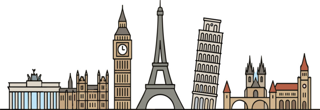 European Famous Landmarks Skyline Collection Travel Architecture Vector Illustration