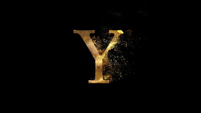 Golden letter Y with particles, alphabet, abc, gold letter with transparent background, alpha channel
