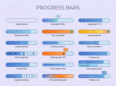 Progress bar design. User Interface Elements. Set of loading, status, and step indicator templates.