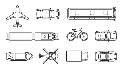Various transport modes top down view outline icons set © YulliaArt
