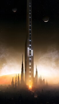 Futuristic city ascends beneath colossal orbital elevator stunning interplanetary vista inspires innovation