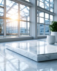 Fototapeta premium Modern interior with large glass windows, sunlight streaming in, and a white marble platform accompanied by a small potted plant, creating a clean, minimalist look.