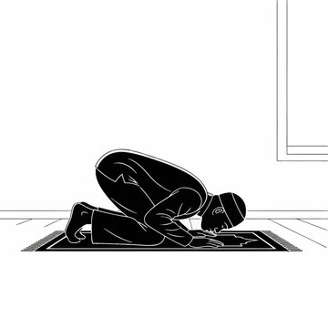 Black and white minimalist vector illustration of a Muslim man in prostration sujud position on a prayer mat inside a room with wooden floors and window line art style.