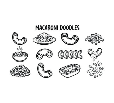 
Hand-Drawn Macaroni and Pasta Doodle Outline Set &mdash; Noodle Shapes, Mac and Cheese Bowl, Lasagna, Pasta Bake Sketch Vector