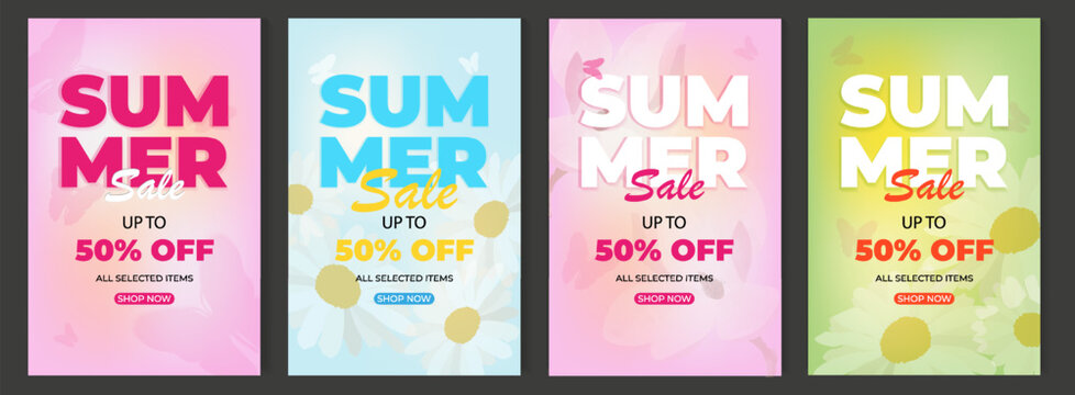 Summer sale vertical banners set with floral elements and butterflies. Pastel gradient style for social media stories and retail promotion. Modern seasonal template for product marketing.