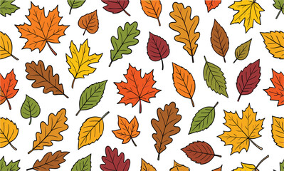Fototapeta premium Seamless autumn leaves pattern vector illustration with colorful maple and oak foliage for seasonal textile and wallpaper design