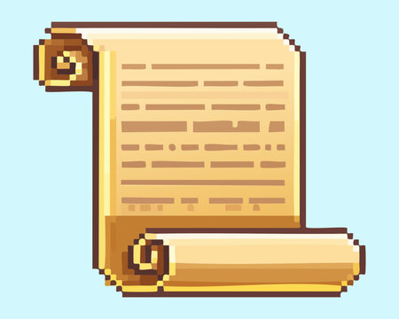 Old parchment scroll pixel art for historical lore and ancient story quest documents in retro fantasy gaming interface
