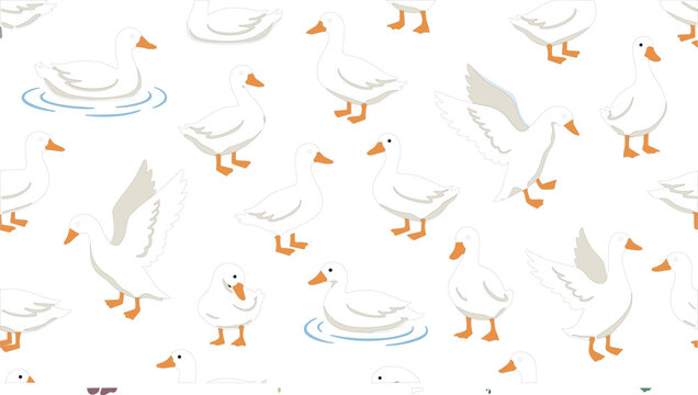 Seamless duck pattern vector illustration with cute white ducks swimming, walking, and flying for nursery textile and wallpaper design