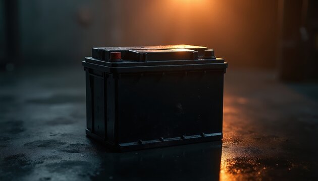 Dark car battery sits on wet ground with orange light glow. Automotive energy source, backup power for vehicle systems. Essential car part for engine ignition and electrics.