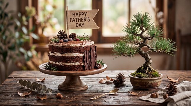 Rustic Father's Day chocolate naked cake with burlap flag and bonsai tree on wooden table.