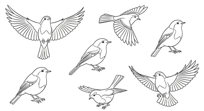 Set of hand-drawn robin birds in flight and perched poses